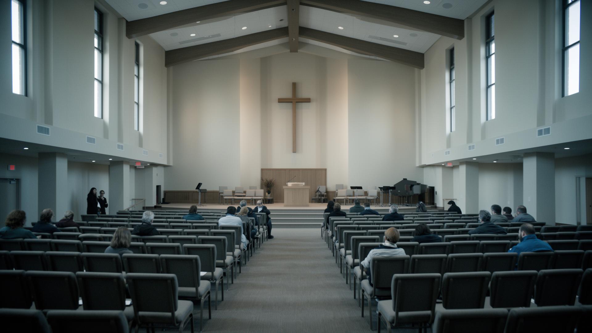 Empty sanctuary pews — a normal-sized church awaiting its community